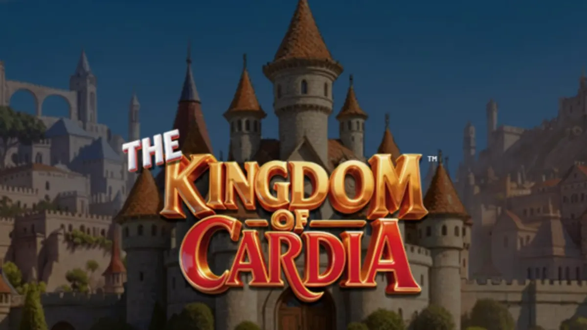 The Kingdom of Cardia slot game interface showing whimsical garden theme and card symbols